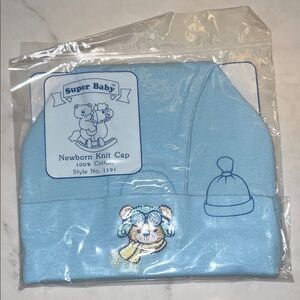 VINTAGE NWT Super Baby Blue Newborn Knit Cap - Bear Embroidery Pilot, Airplane
